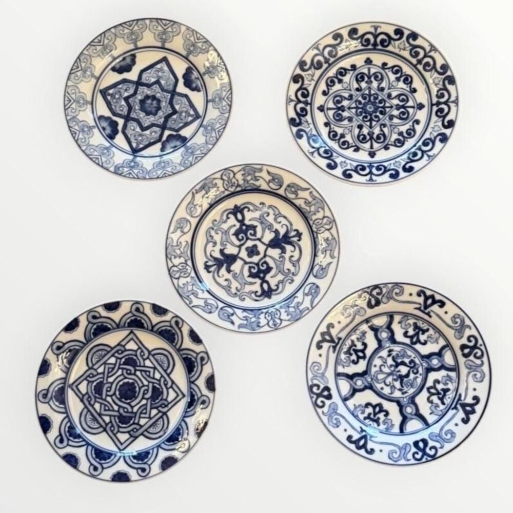 Bombay Blue White Chinoiserie Plates Set of 5 Asian Salad Dessert Plates